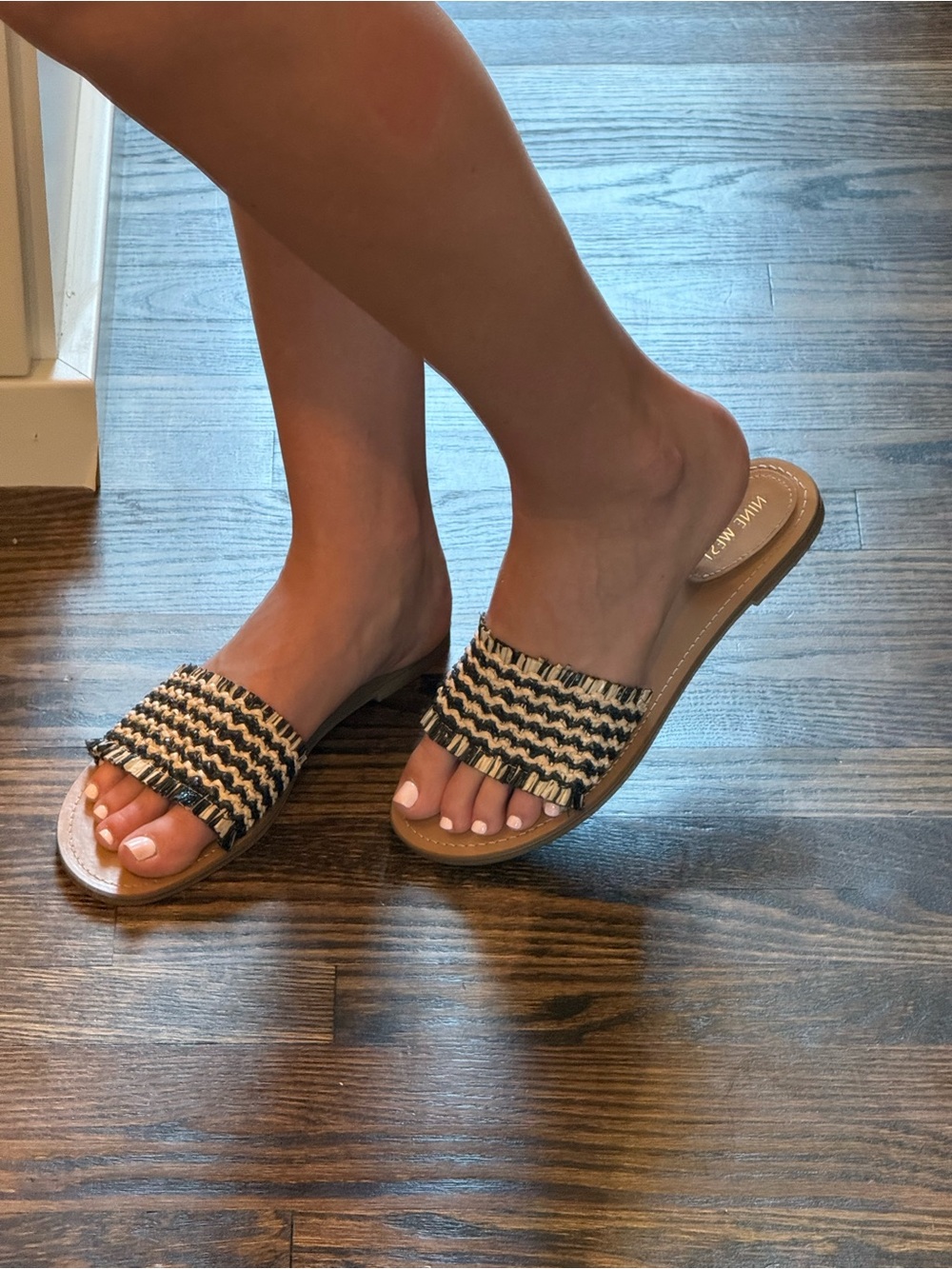 Nine West Black & Cream Woven Slide Sandals with Tan Footbed
